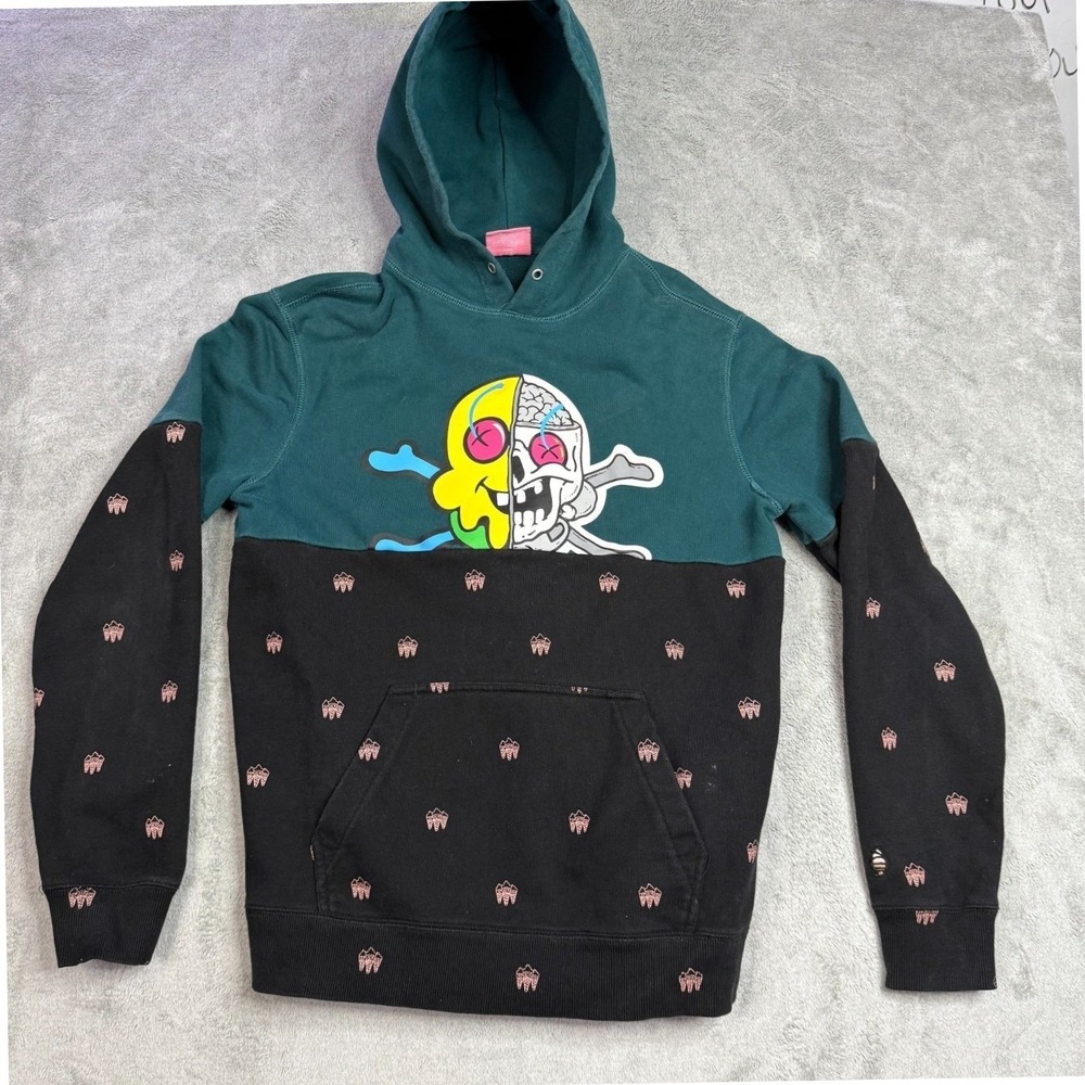 Ice Cream Skull Graphic Colorblock Hoodie Mens Size M Teal Black